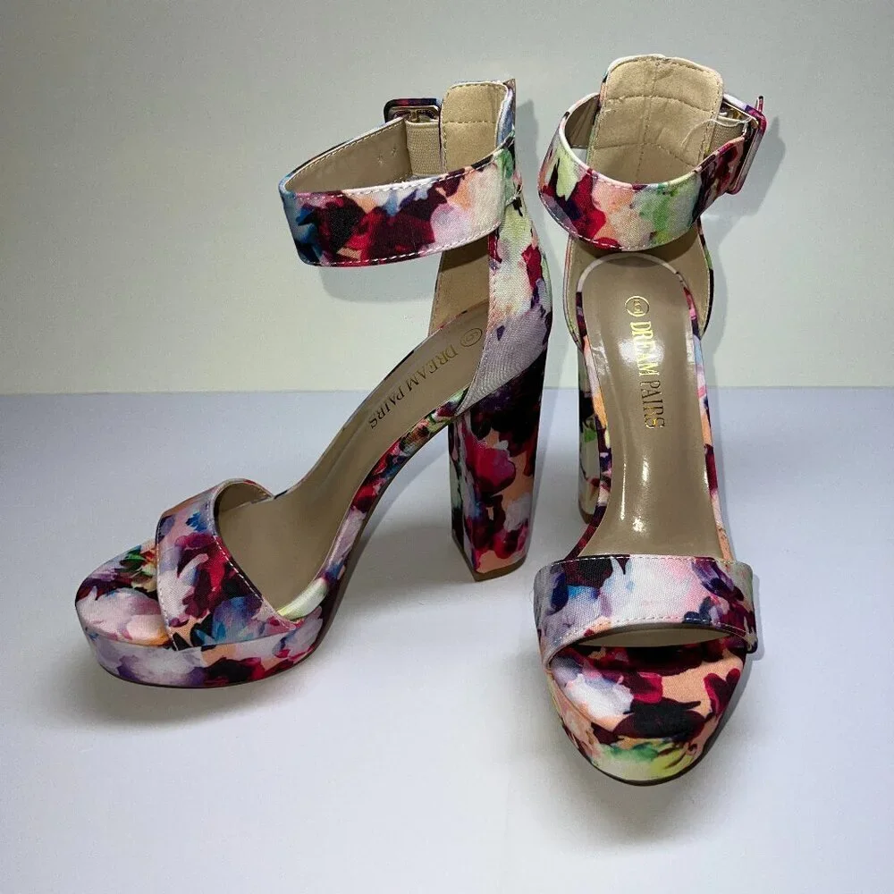 Dream Pairs Floral Open Toe Strap Block Heel Platform Heels Size 6